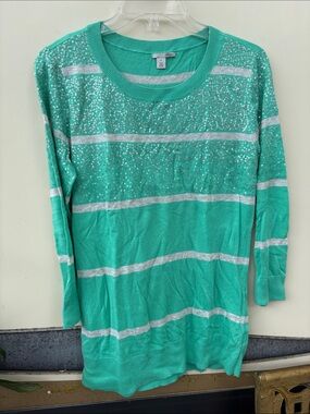 Halogen Mint Green Striped Sequin Sweater Top